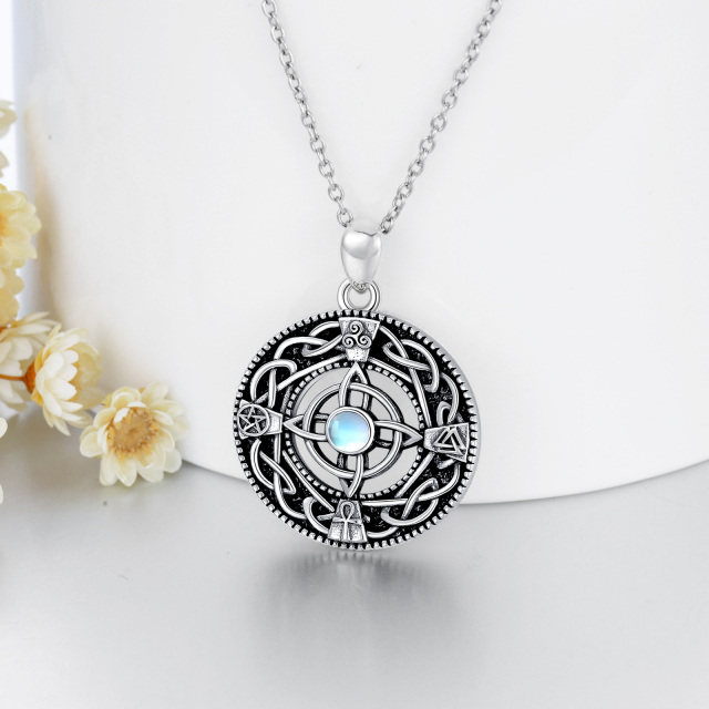 Sterling Silver Circular Shaped Moonstone Triforce Celtic Knot Pendant Necklace-4