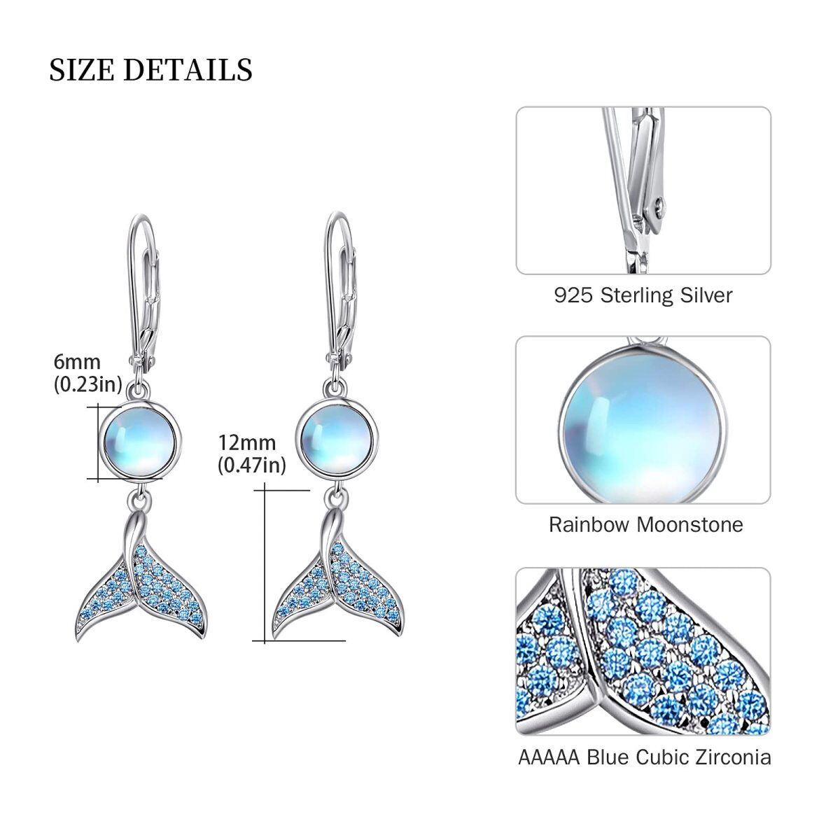 Sterling Silver Circular Shaped Moonstone Mermaid Tail Lever-back Earrings-5