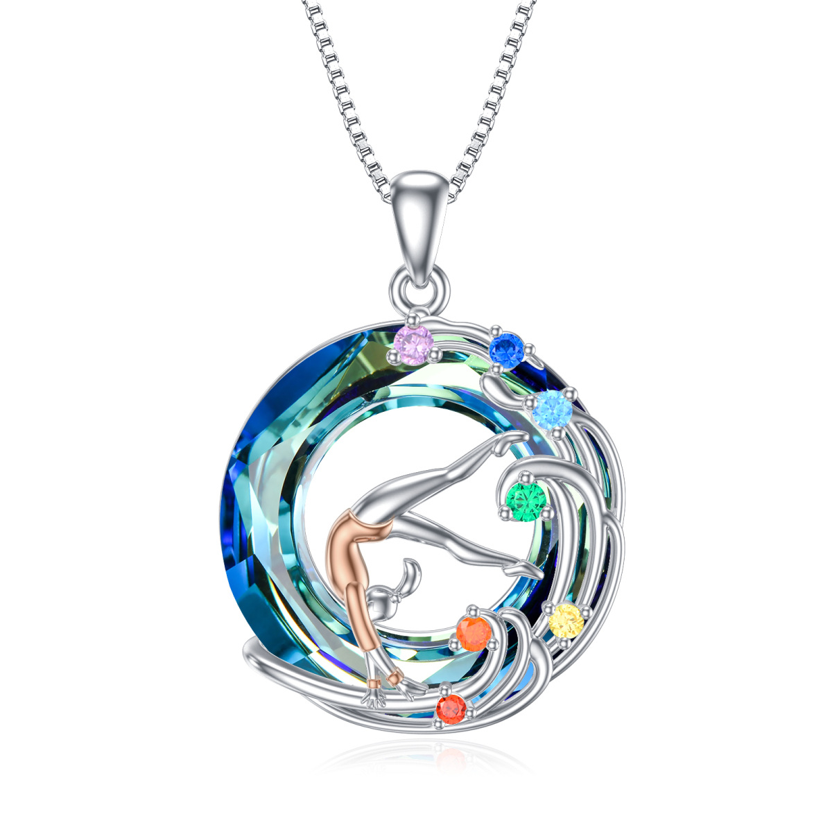 Sterling Silver Two-tone Circular Shaped Chakras & Gymnast Crystal Pendant Necklace-1