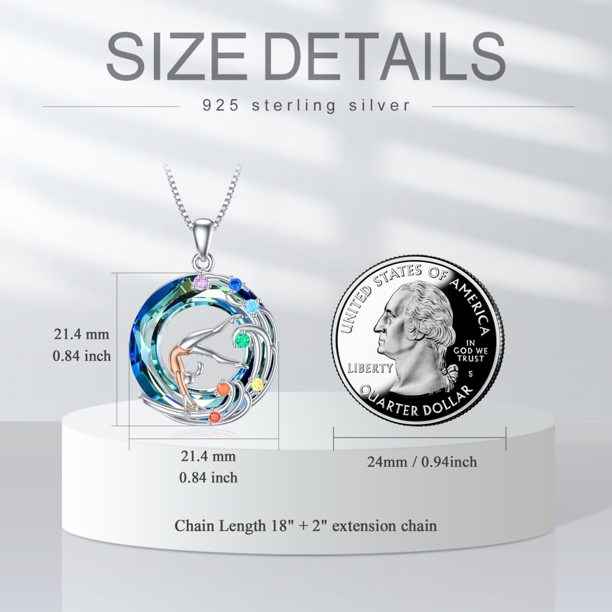 Sterling Silver Two-tone Circular Shaped Chakras & Gymnast Crystal Pendant Necklace-5
