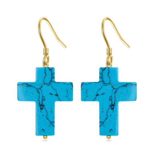 Boucles d'oreilles pendantes en or 14K avec croix en turquoise