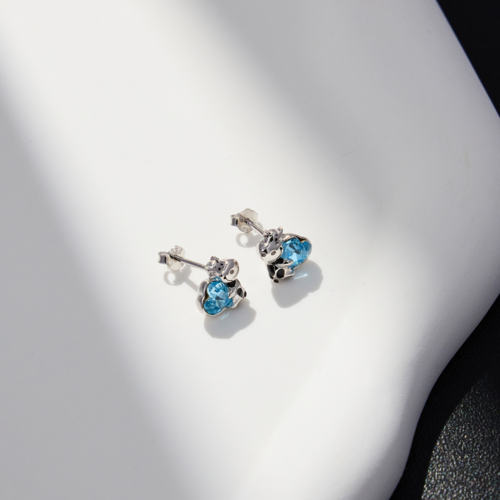 Sterling Silver Heart Shaped Crystal Cow & Heart Stud Earrings-4