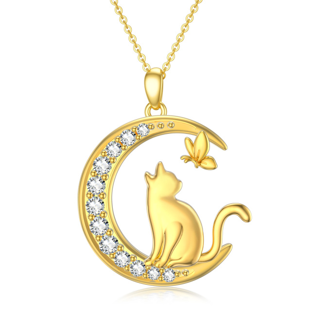 14K Gold Round Moissanite Butterfly & Cat & Moon Pendant Necklace-1