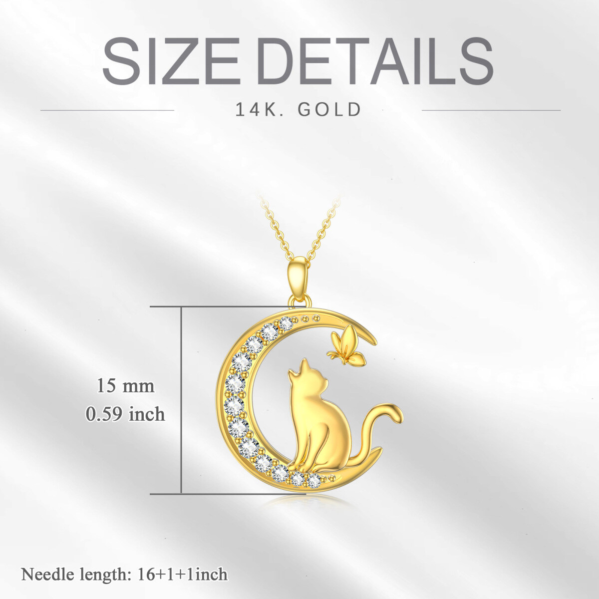 14K Gold Round Moissanite Butterfly & Cat & Moon Pendant Necklace-6