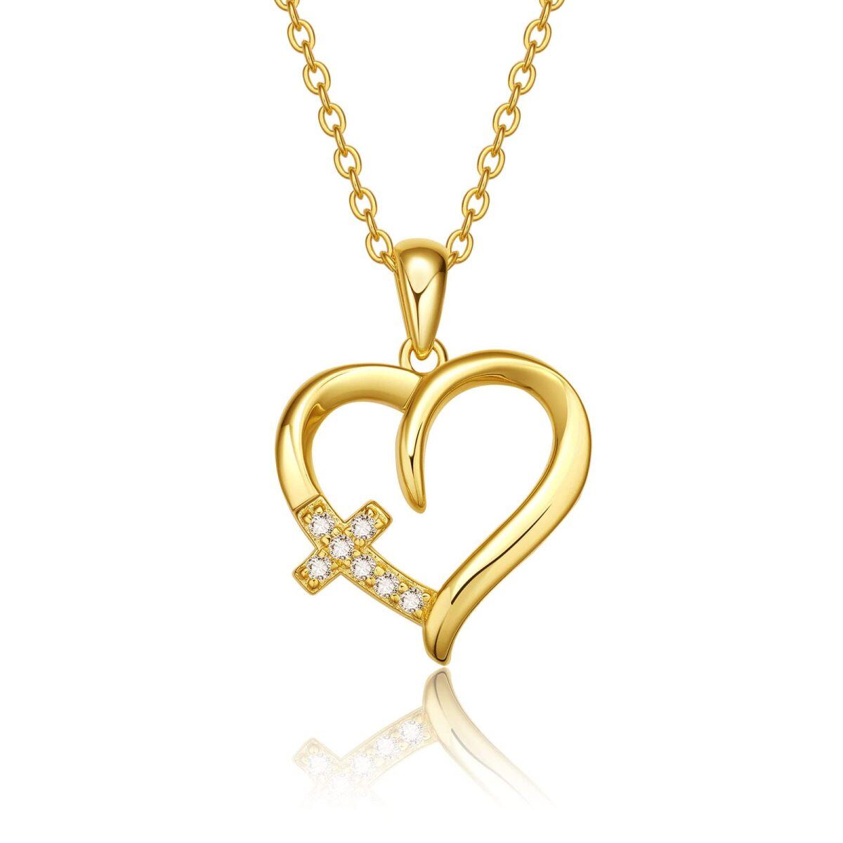 10K Gold Zircon Cross & Heart Pendant Necklace-1