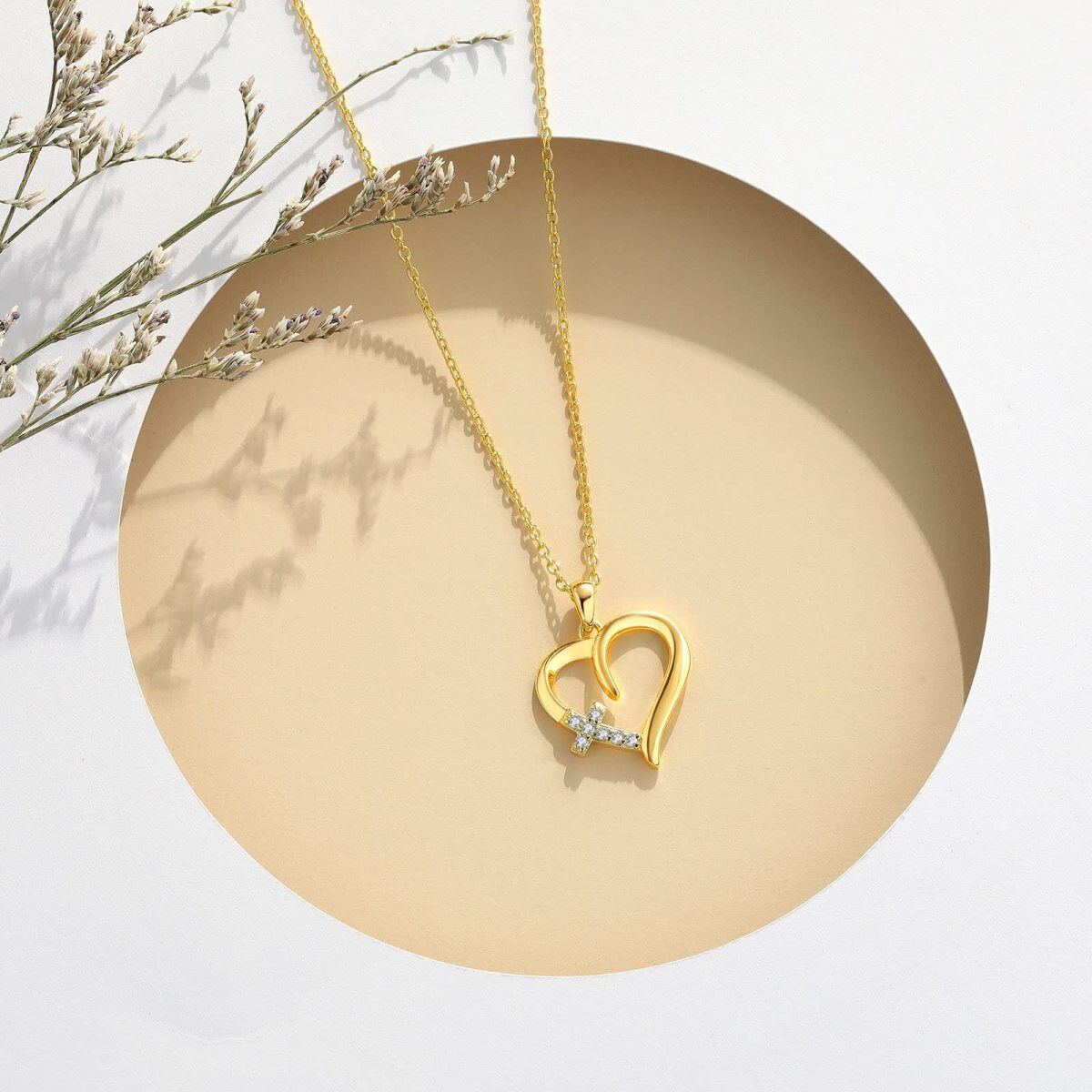 10K Gold Zircon Cross & Heart Pendant Necklace-4