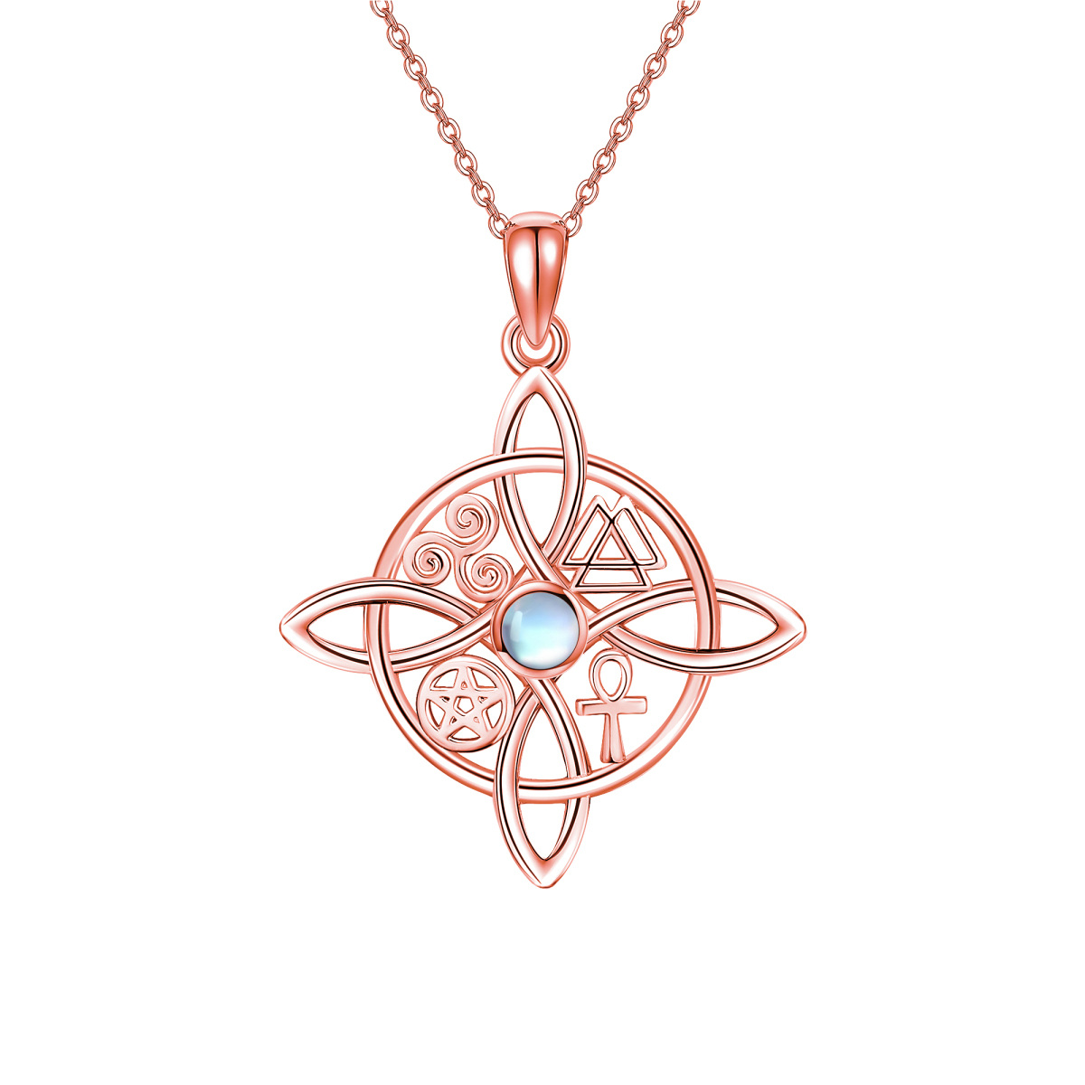 Sterling Silver with Rose Gold Plated Circular Shaped Moonstone Witch Knot Pendant Necklace-1