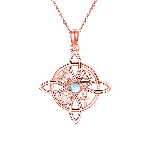 Sterling Silver with Rose Gold Plated Circular Shaped Moonstone Witch Knot Pendant Necklace-1