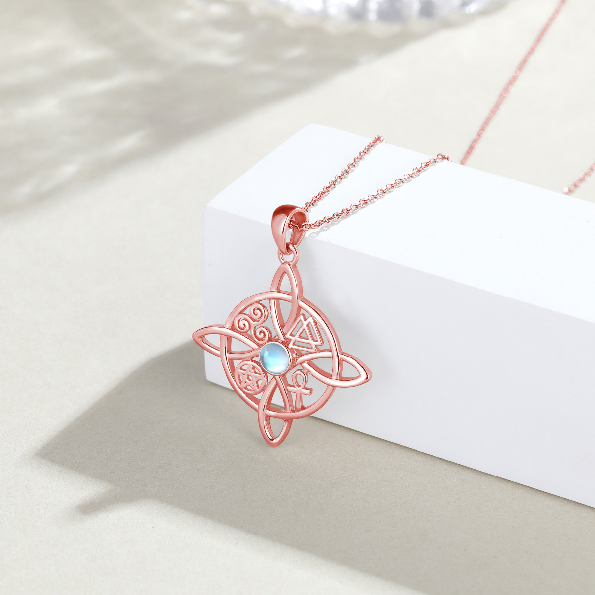 Collier avec pendentif en forme de nœud de sorcière en argent sterling plaqué or rose et pierre de lune circulaire-6