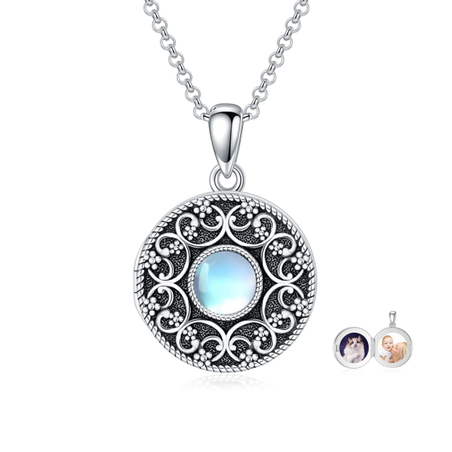 Sterling Silver Moonstone Round Personalized Photo Locket Necklace-2