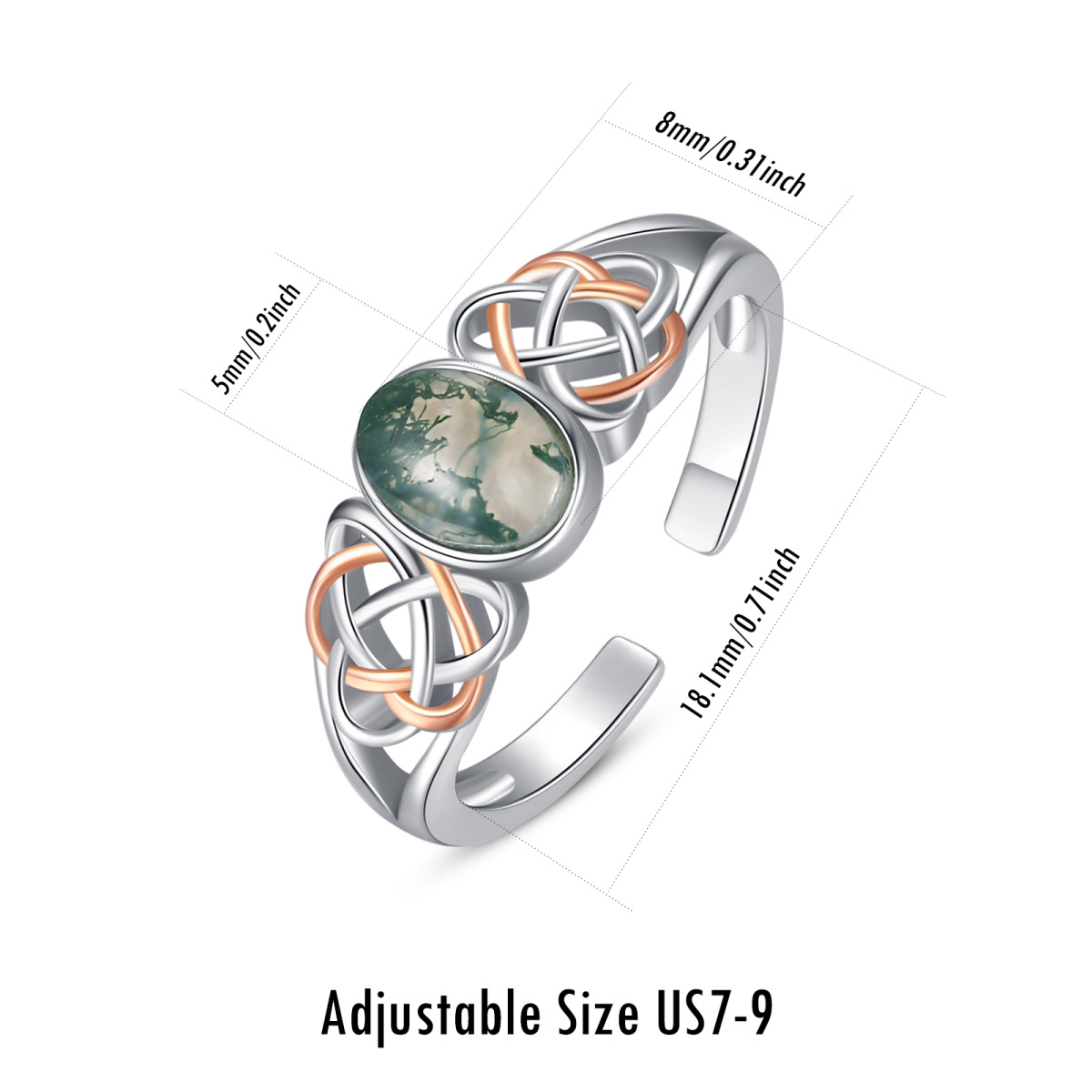 Sterling Silber zweifarbig Oval geformt Moos Achat keltischen Knoten offener Ring-5