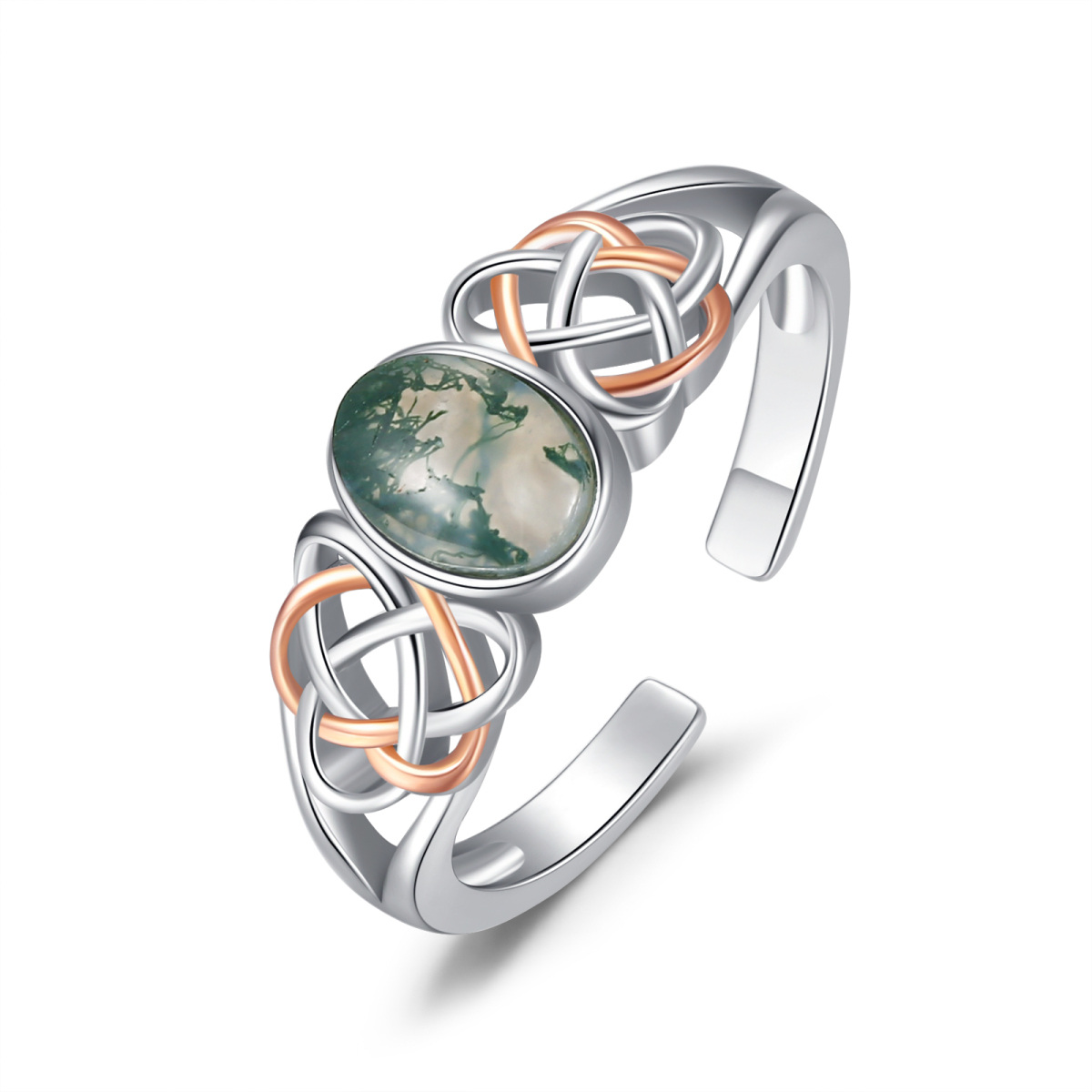 Sterling Silver Two-tone Oval Shaped Moss Agate Celtic Knot Open Ring-1