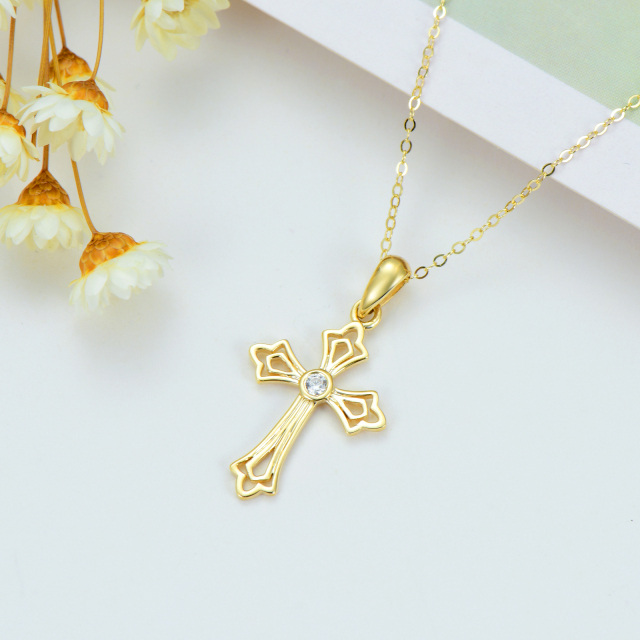 14K Gold Round Cubic Zirconia Cross Pendant Necklace-4