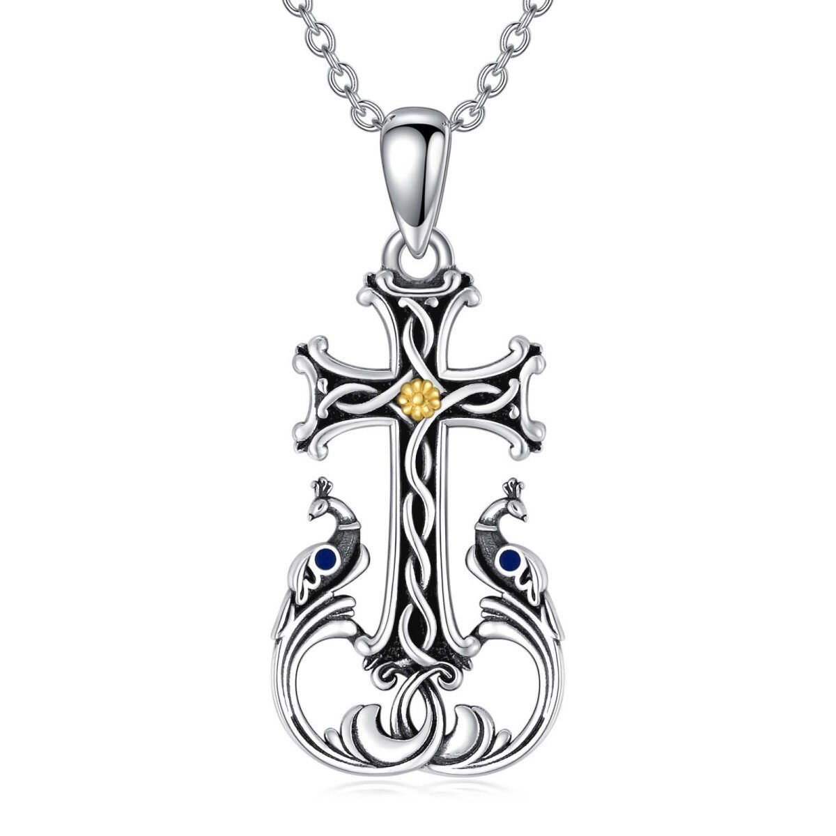 Sterling Silver Tri-tone Peacock & Cross Pendant Necklace-1