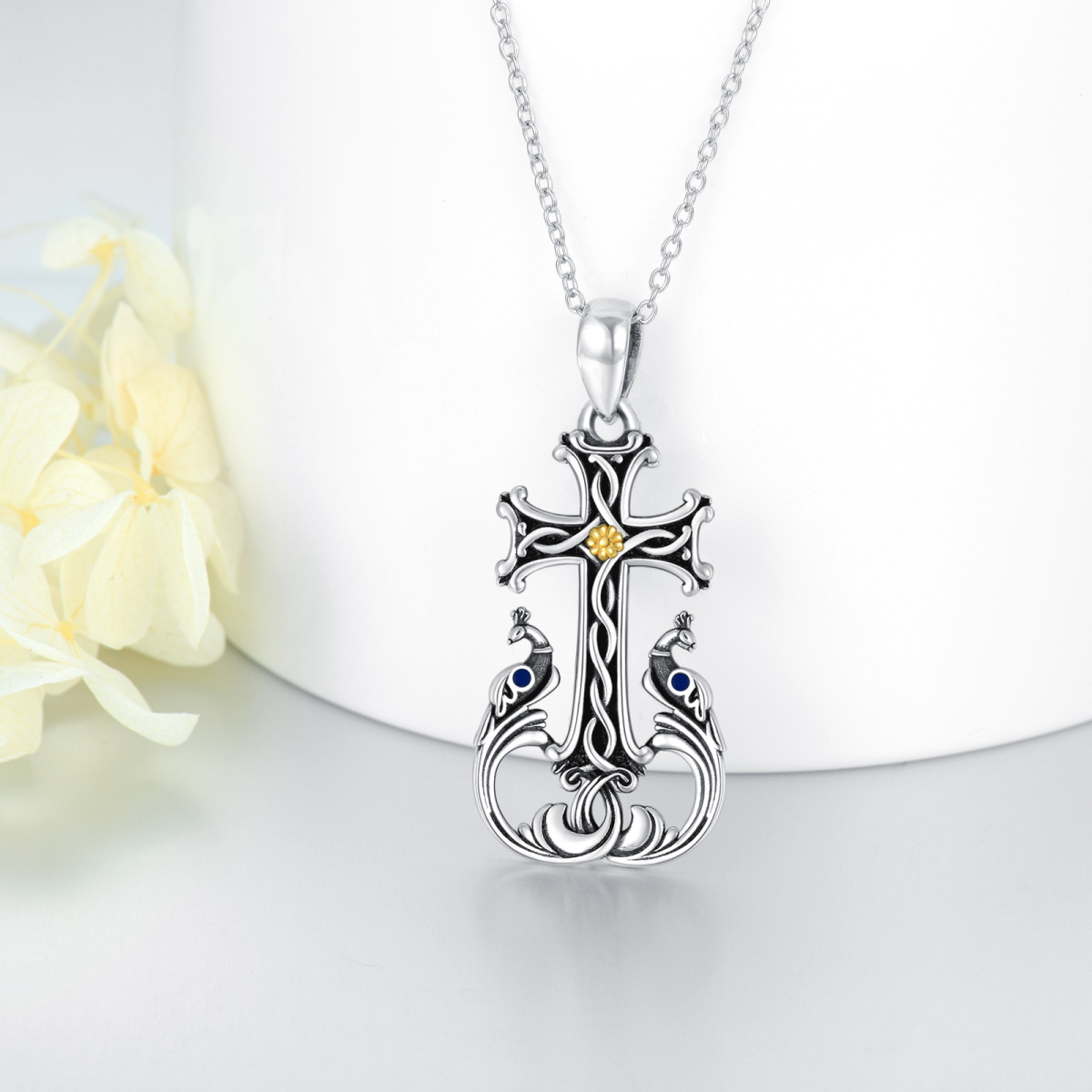 Sterling Silver Tri-tone Peacock & Cross Pendant Necklace-2