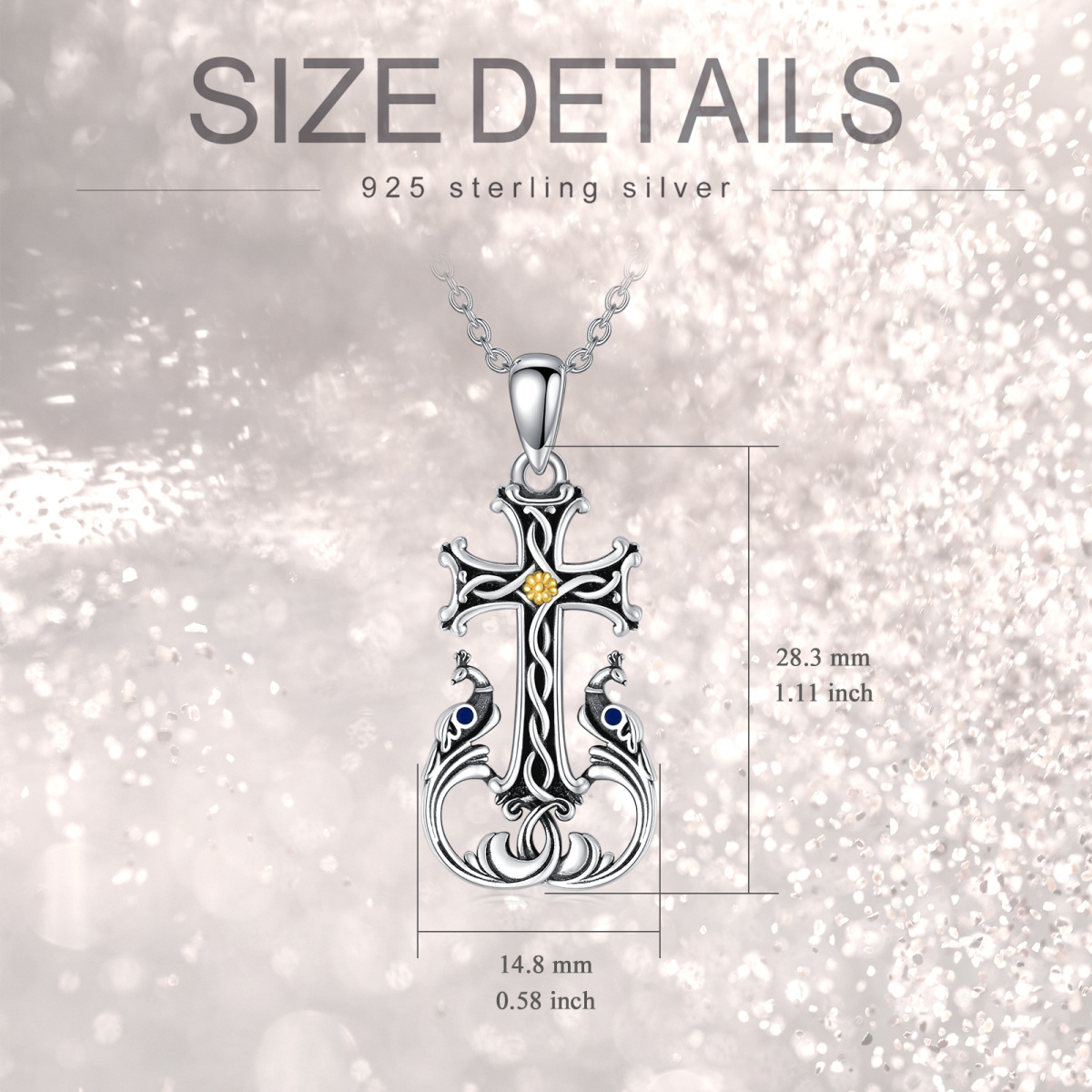 Sterling Silver Tri-tone Peacock & Cross Pendant Necklace-5