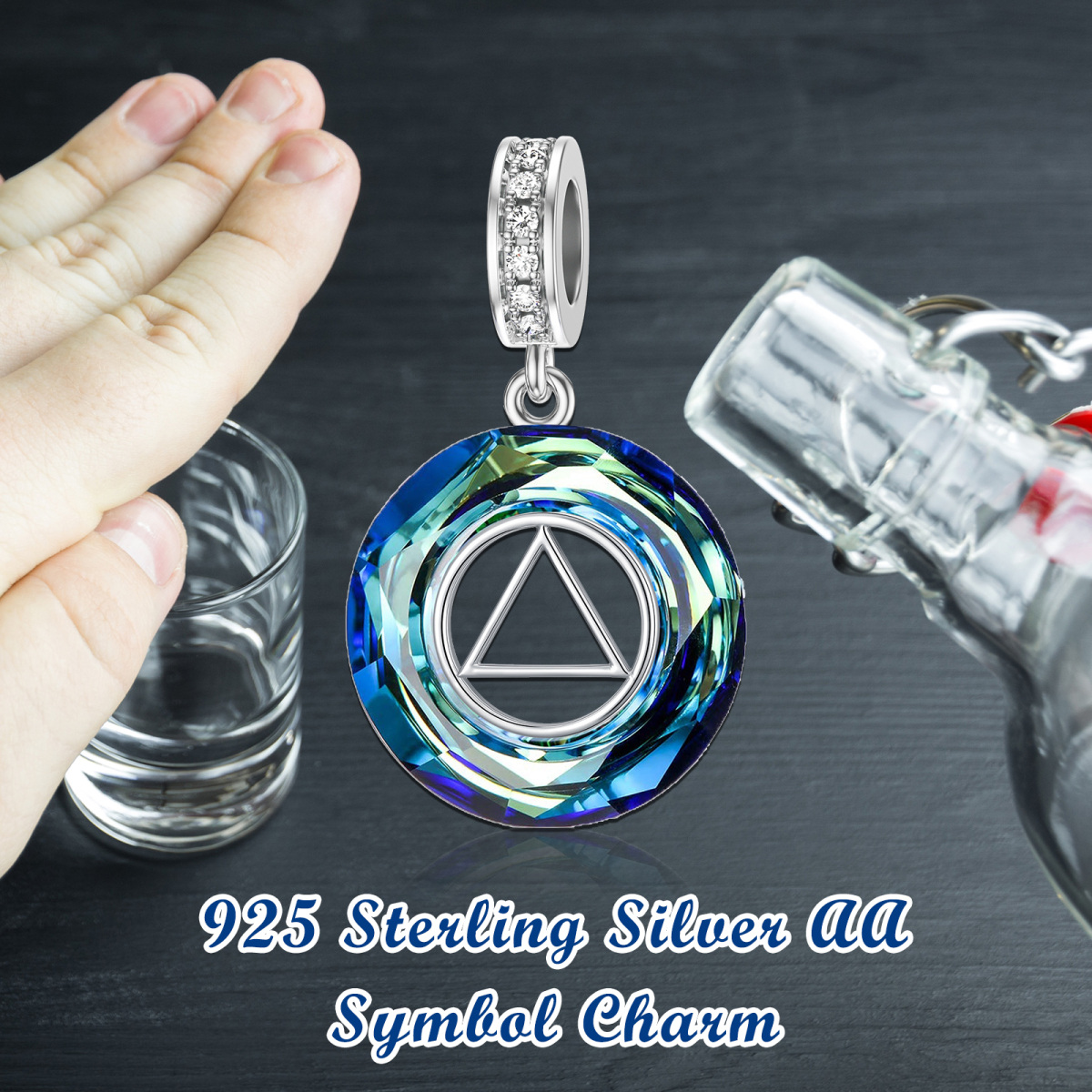 Charm pendentif triangle rond en cristal en argent sterling-4