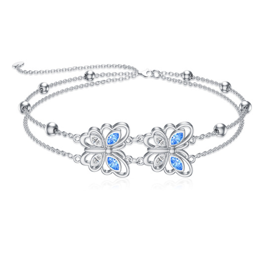 Cavigliera multistrato a farfalla con zirconi cubici blu trasparenti in argento sterling per donna