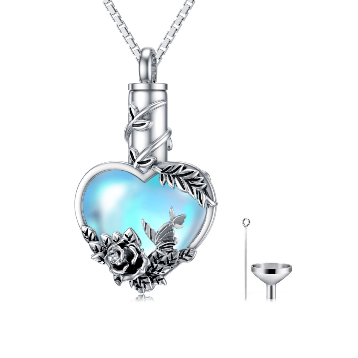 Sterling Silber Herzform Mondstein Rose & Herz Urne Halskette-1