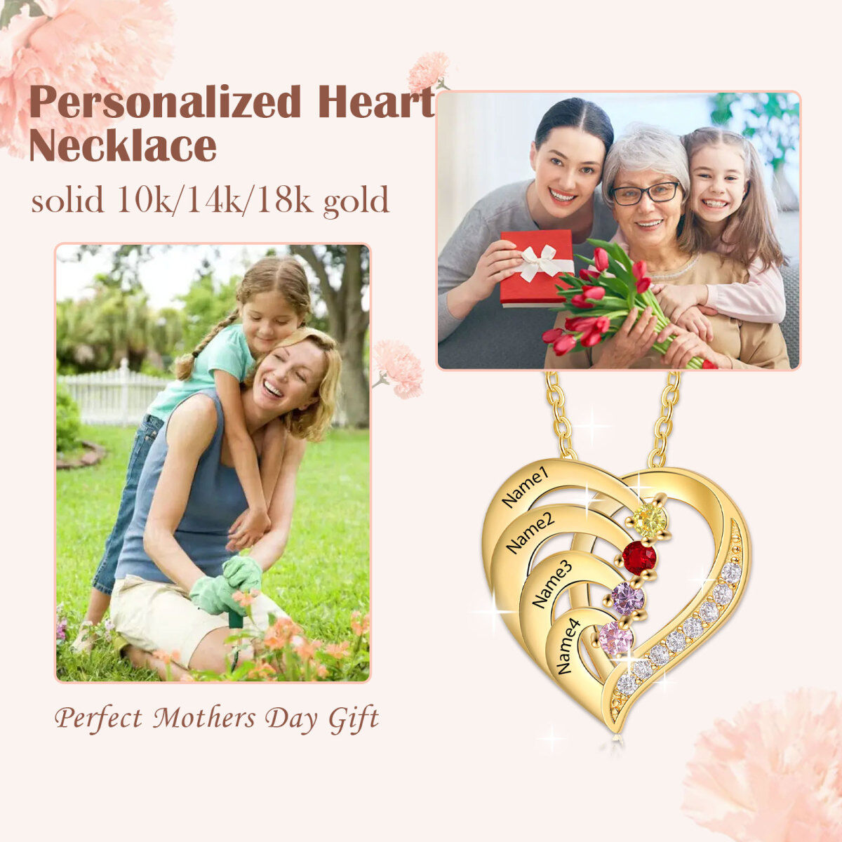 14K Gold Heart Personalized Name & Birthstone Pendant Necklace-7