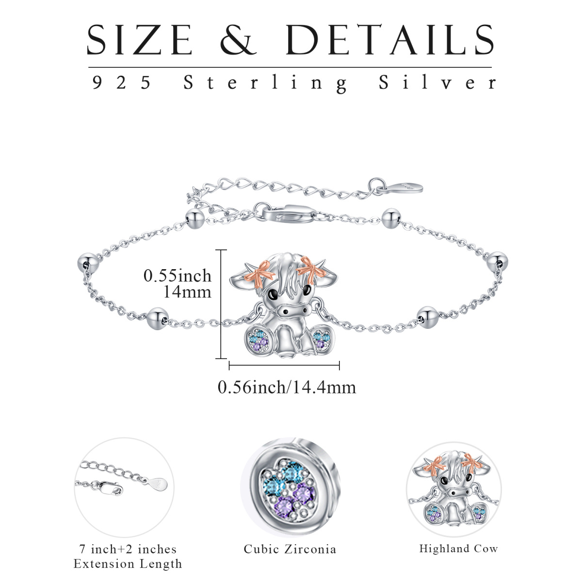 Sterling Silver Two-tone Circular Shaped Cubic Zirconia Highland Cow Pendant Bracelet-4