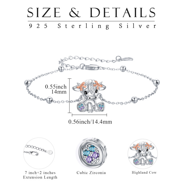 Sterling Silver Two-tone Circular Shaped Cubic Zirconia Highland Cow Pendant Bracelet-3