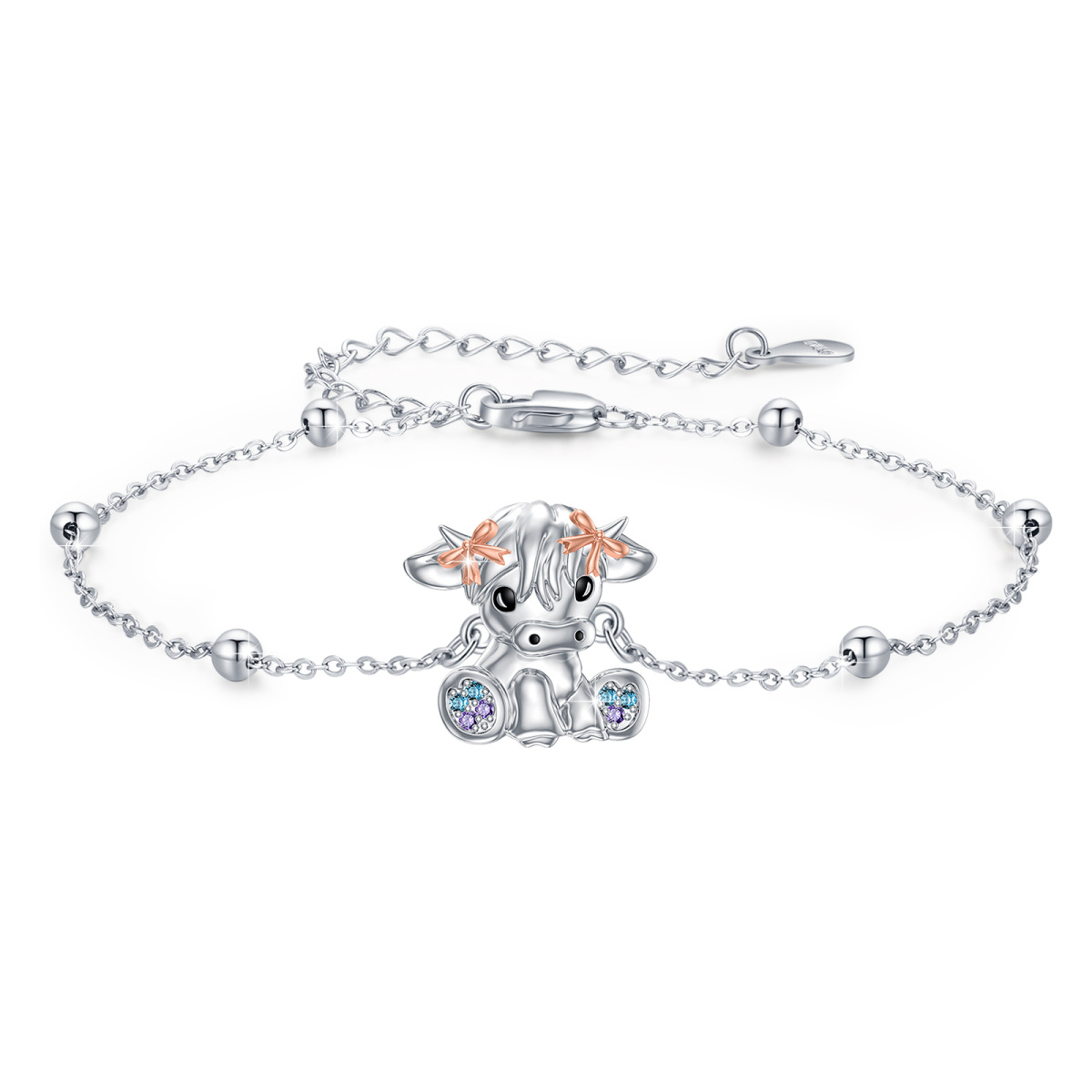 Sterling Silver Two-tone Circular Shaped Cubic Zirconia Highland Cow Pendant Bracelet-1
