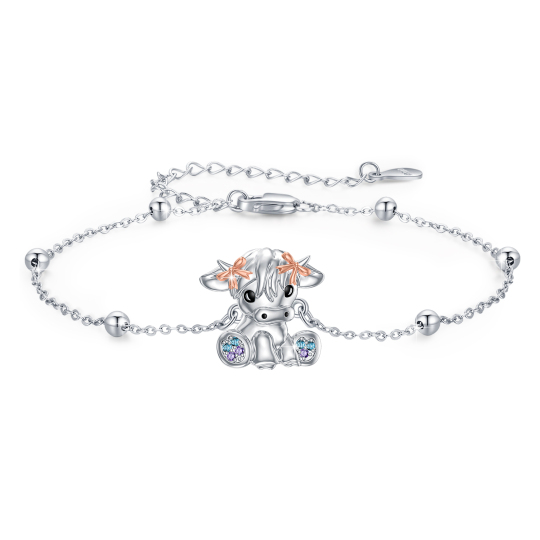 Sterling Silver Two-tone Circular Shaped Cubic Zirconia Highland Cow Pendant Bracelet