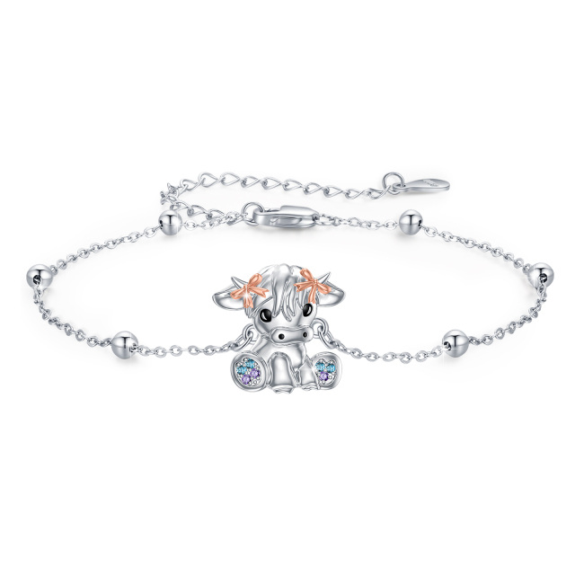 Sterling Silver Two-tone Circular Shaped Cubic Zirconia Highland Cow Pendant Bracelet-0