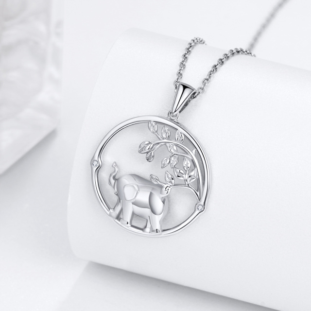 Sterling Silver Circular Shaped Cubic Zirconia Elephant Pendant Necklace-3