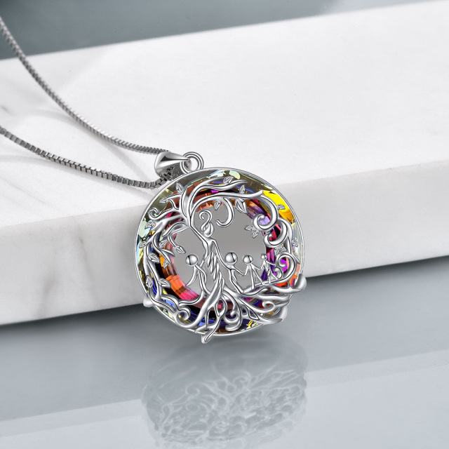 Sterling Silver Round Crystal Tree Of Life & Grandmother & Mother & Mother & Daughter Pendant Necklace-3