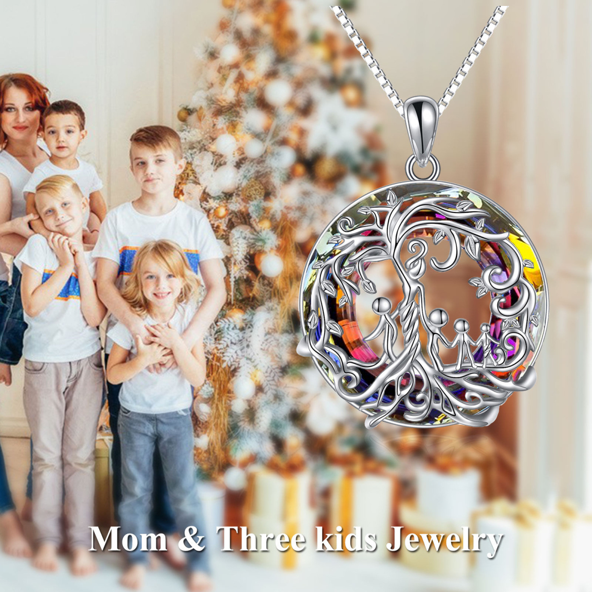 Sterling Silver Round Crystal Tree Of Life & Grandmother & Mother & Mother & Daughter Pendant Necklace-6