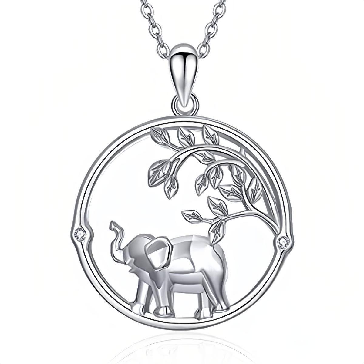 Sterling Silver Circular Shaped Cubic Zirconia Elephant Pendant Necklace-1