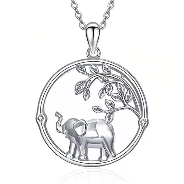 Sterling Silver Circular Shaped Cubic Zirconia Elephant Pendant Necklace-0