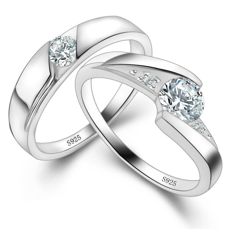 Bagues de couple en argent sterling avec zircon rond-1