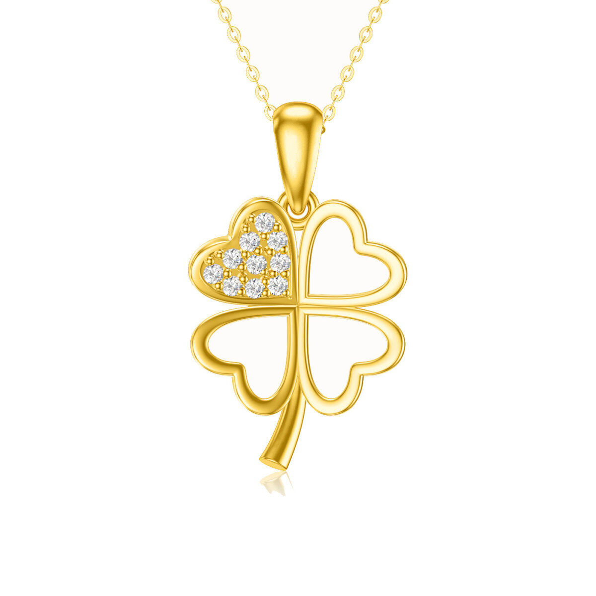 14K Gold Round Cubic Zirconia Four-leaf Clover Pendant Necklace-1