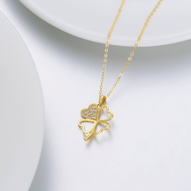 14K Gold Round Cubic Zirconia Four-leaf Clover Pendant Necklace-3