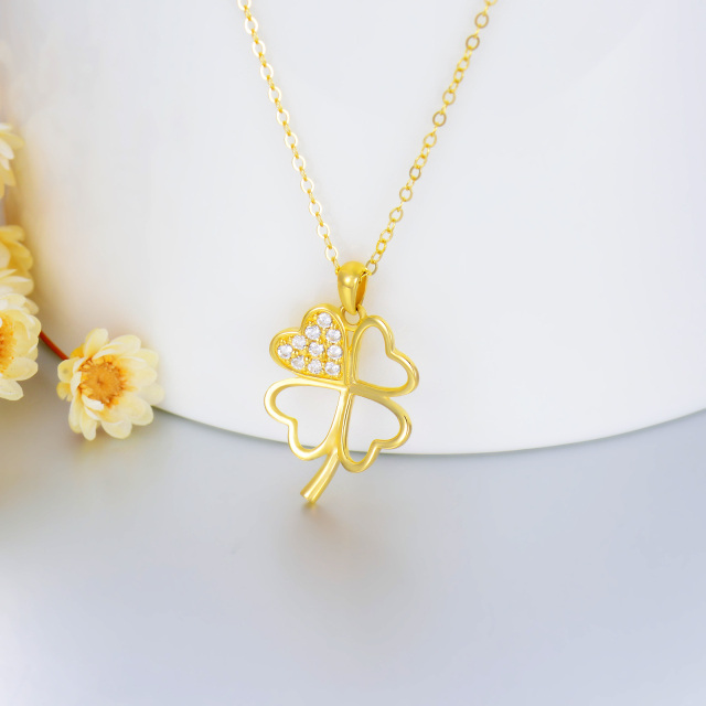 14K Gold Round Cubic Zirconia Four-leaf Clover Pendant Necklace-2