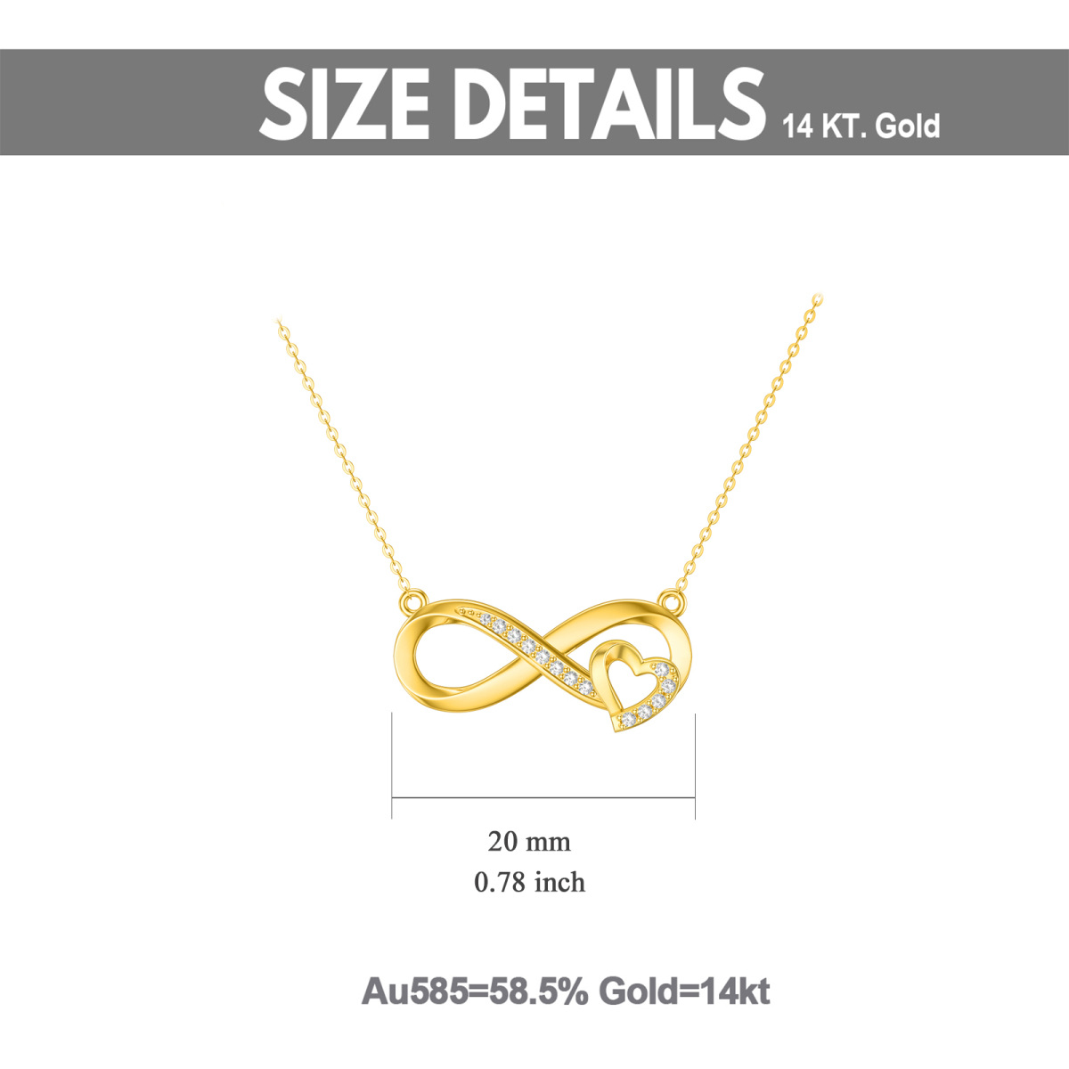 14K Gold Cubic Zirkonia Unendlichkeit Symbol & Herz Anhänger Halskette-6