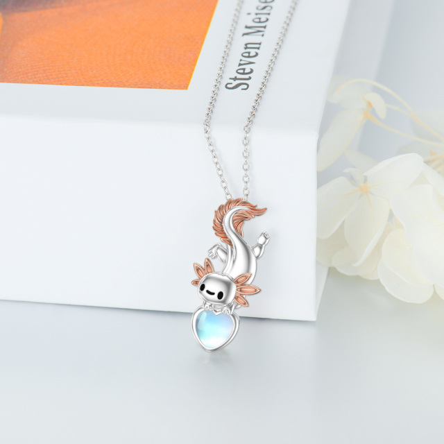 Collar de plata de ley en dos tonos con forma de corazón de piedra lunar Axolotl y colgant-2