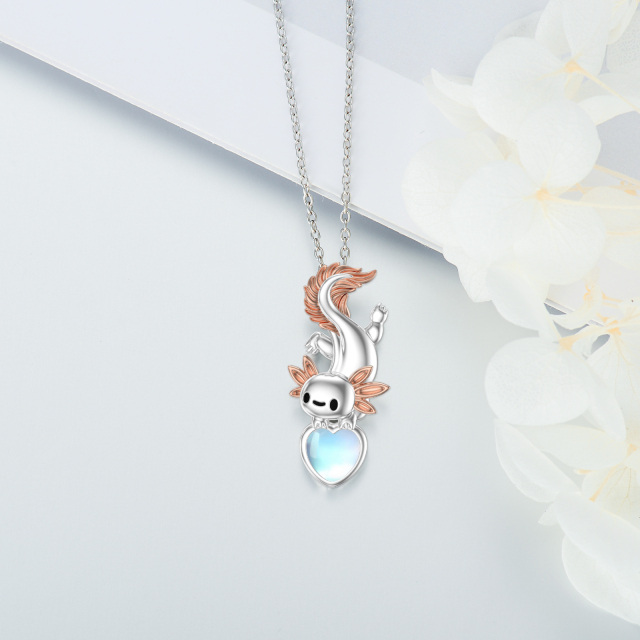 Sterling Silver Two-tone Heart Shaped Moonstone Axolotl & Heart Pendant Necklace-3
