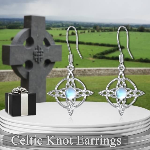 Sterling Silver Circular Shaped Moonstone Celtic Knot & Cross Drop Earrings-6