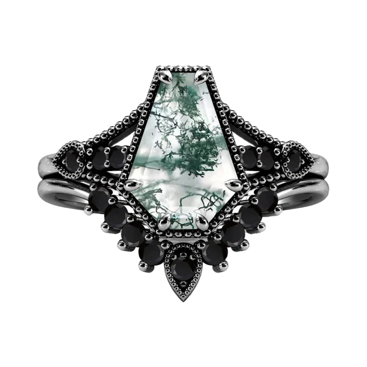 Sterling Silver with Black Rhodium Moss Agate Crown Engagement Ring-1