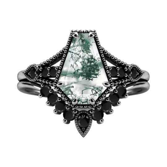 Sterling Silver with Black Rhodium Moss Agate Crown Engagement Ring
