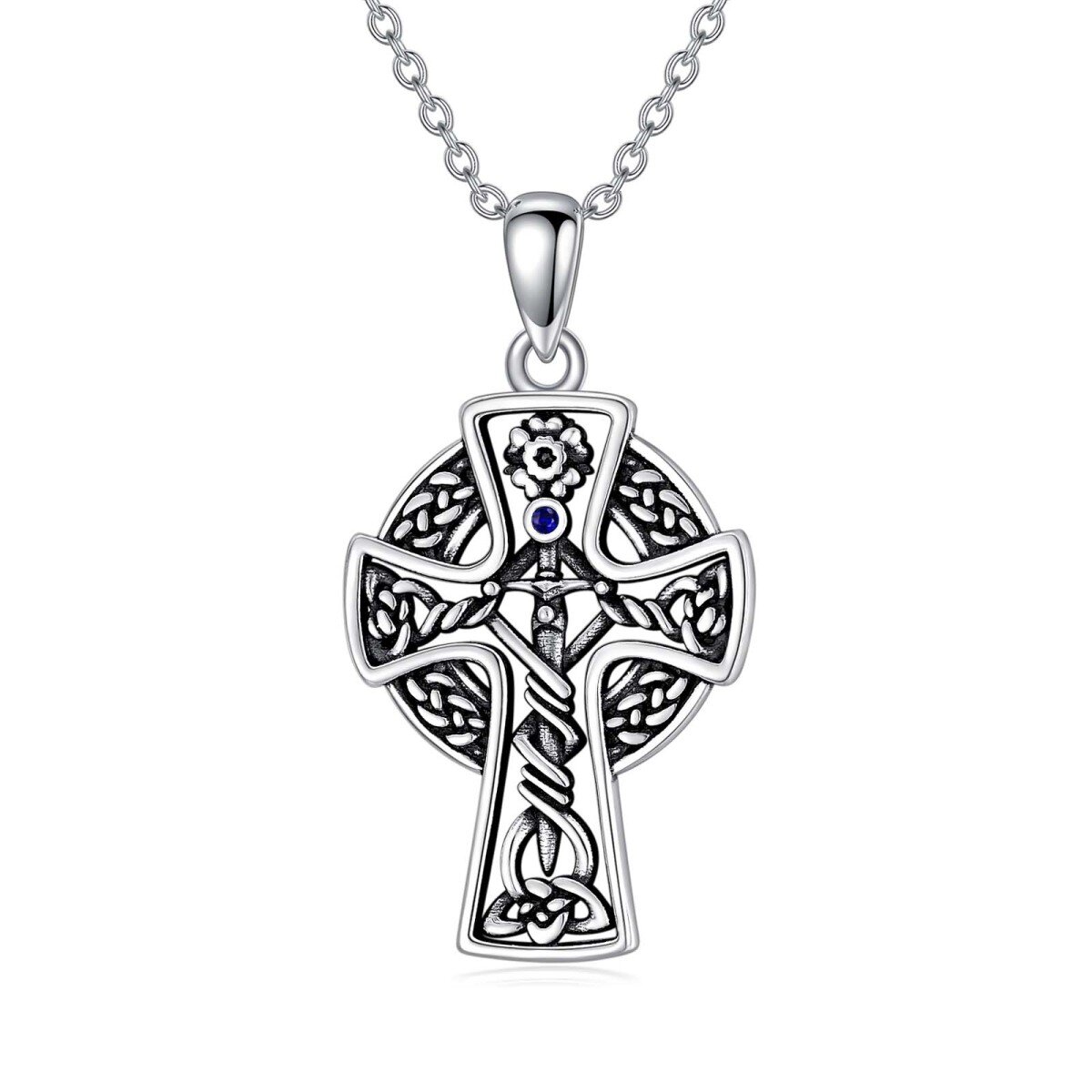 Collar de plata de ley con nudo celta y colgante de cruz-1