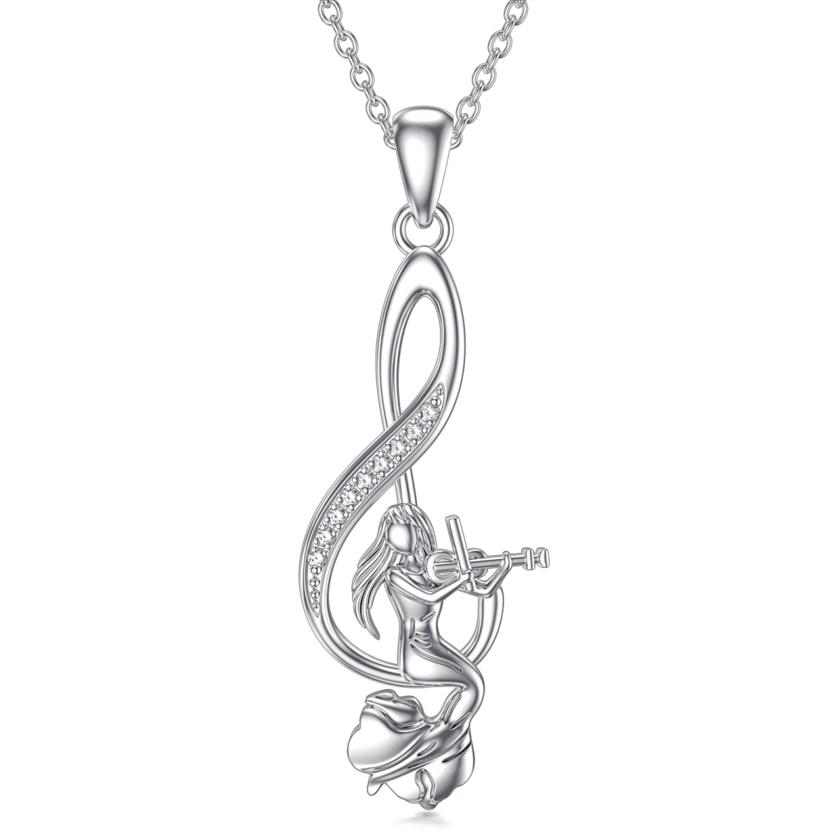 Sterling Silver Cubic Zirconia Mermaid Tail & Music Symbol Pendant Necklace-1