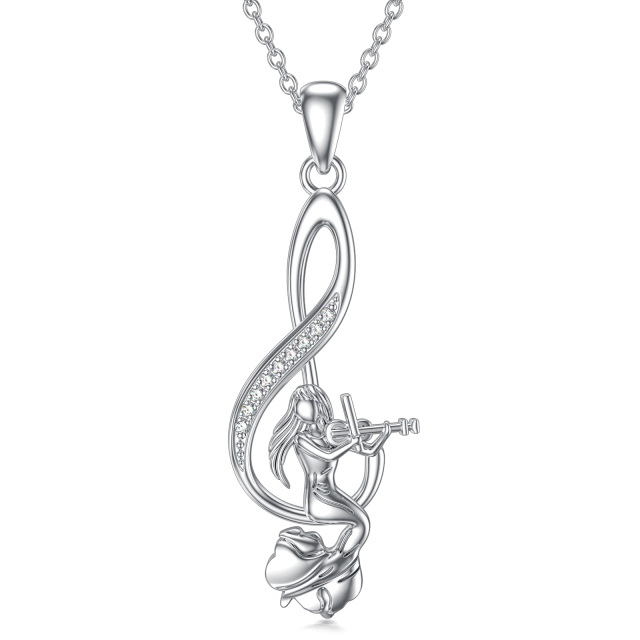 Sterling Silver Cubic Zirconia Mermaid Tail & Music Symbol Pendant Necklace-0