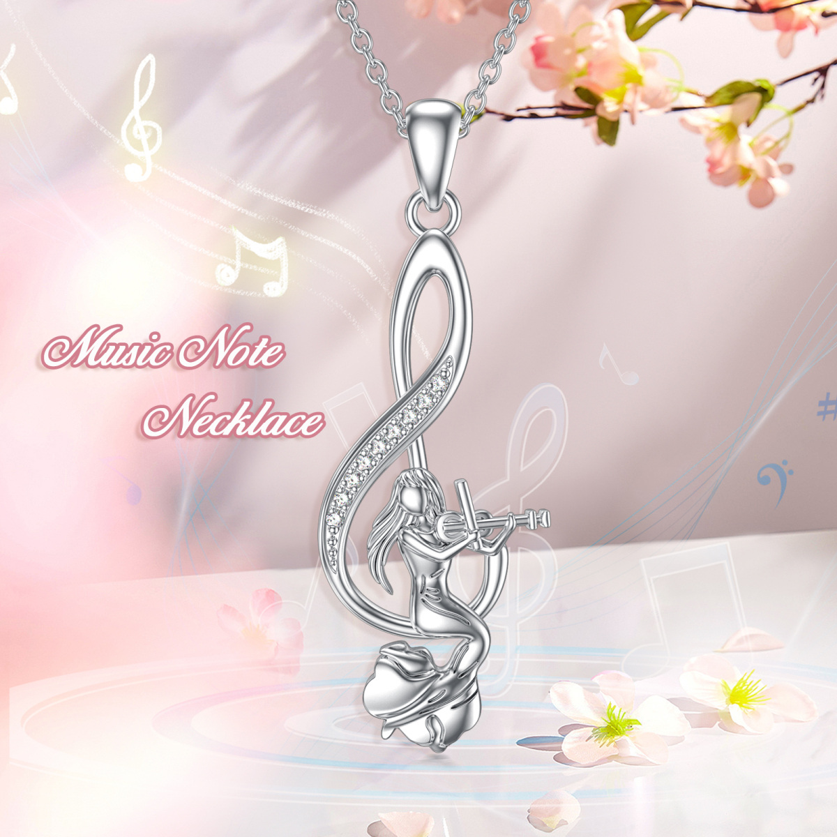 Sterling Silber Cubic Zirkonia Meerjungfrau Schwanz & Musik Symbol Anhänger Halskette-6