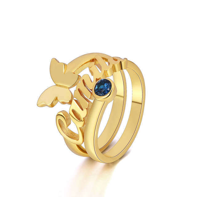 10K Gold Personalized Birthstone & Personalized Engraving Butterfly Open Ring-5