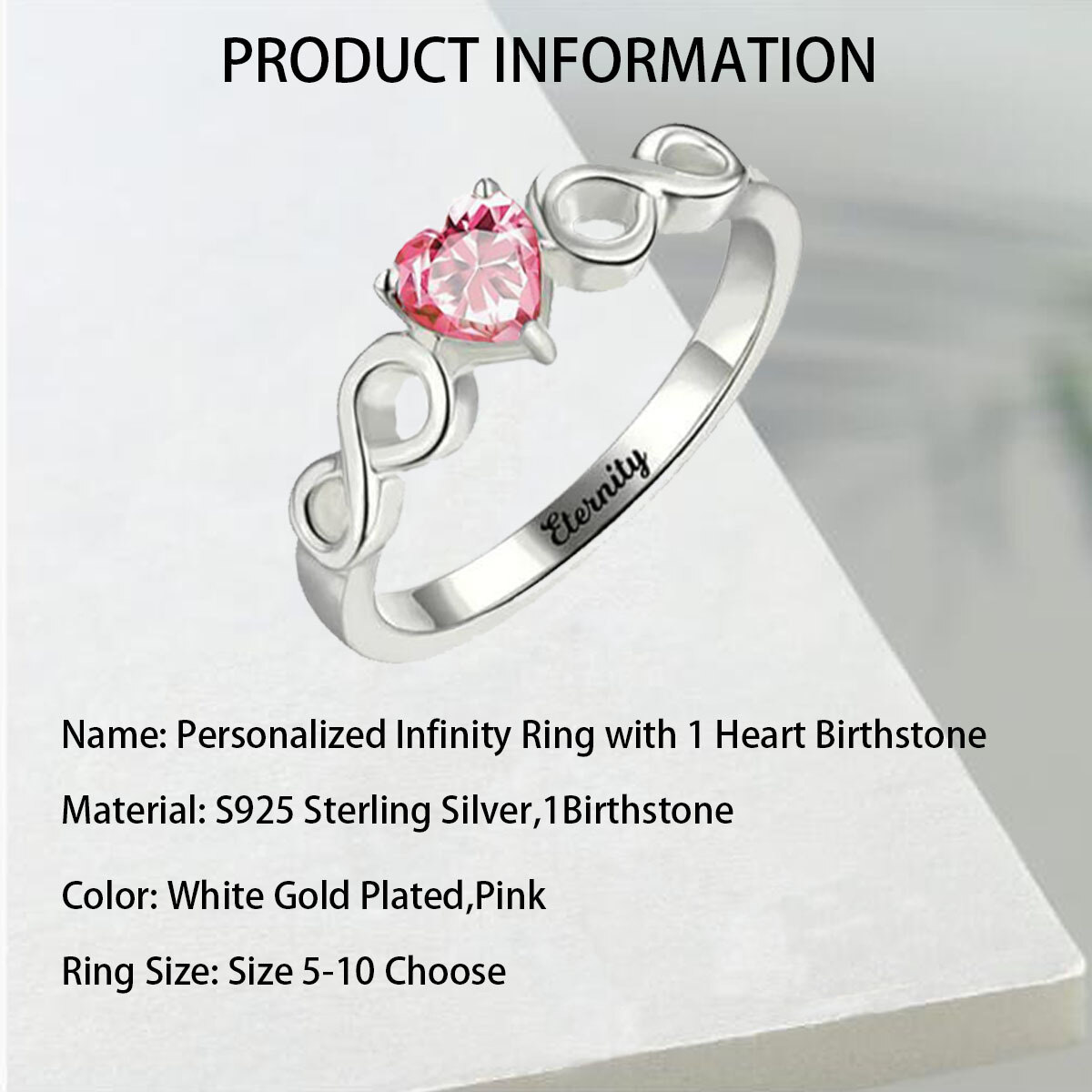 Sterling Silver Cubic Zirconia Infinity Symbol Personalized Engraving & Birthstone Ring-6